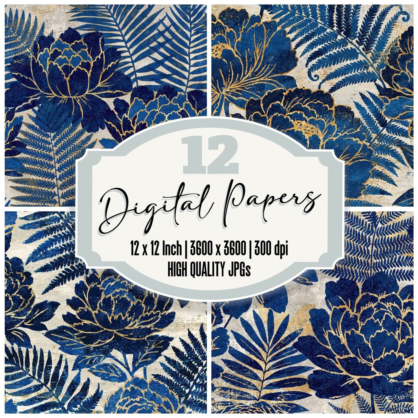 Woodblock Peony Fern Indigo Gold Digital Paper Pack (DDD012518)