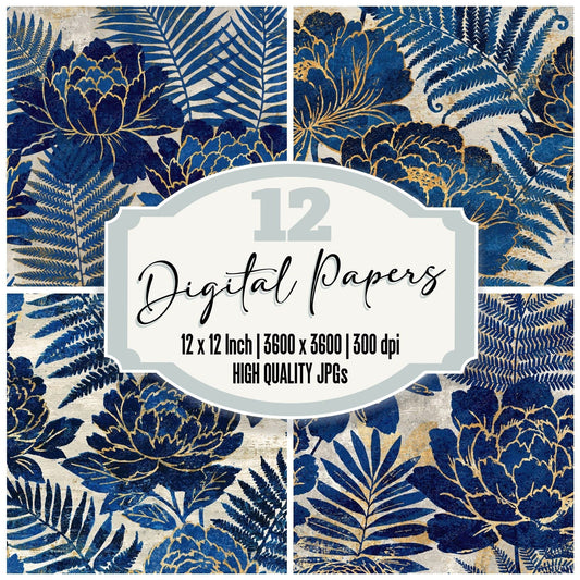 Woodblock Peony Fern Indigo Gold Digital Paper Pack (DDD012518)