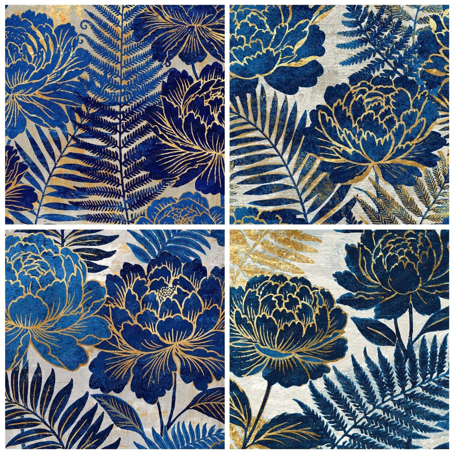 Woodblock Peony Fern Indigo Gold Digital Paper Pack (DDD012518)