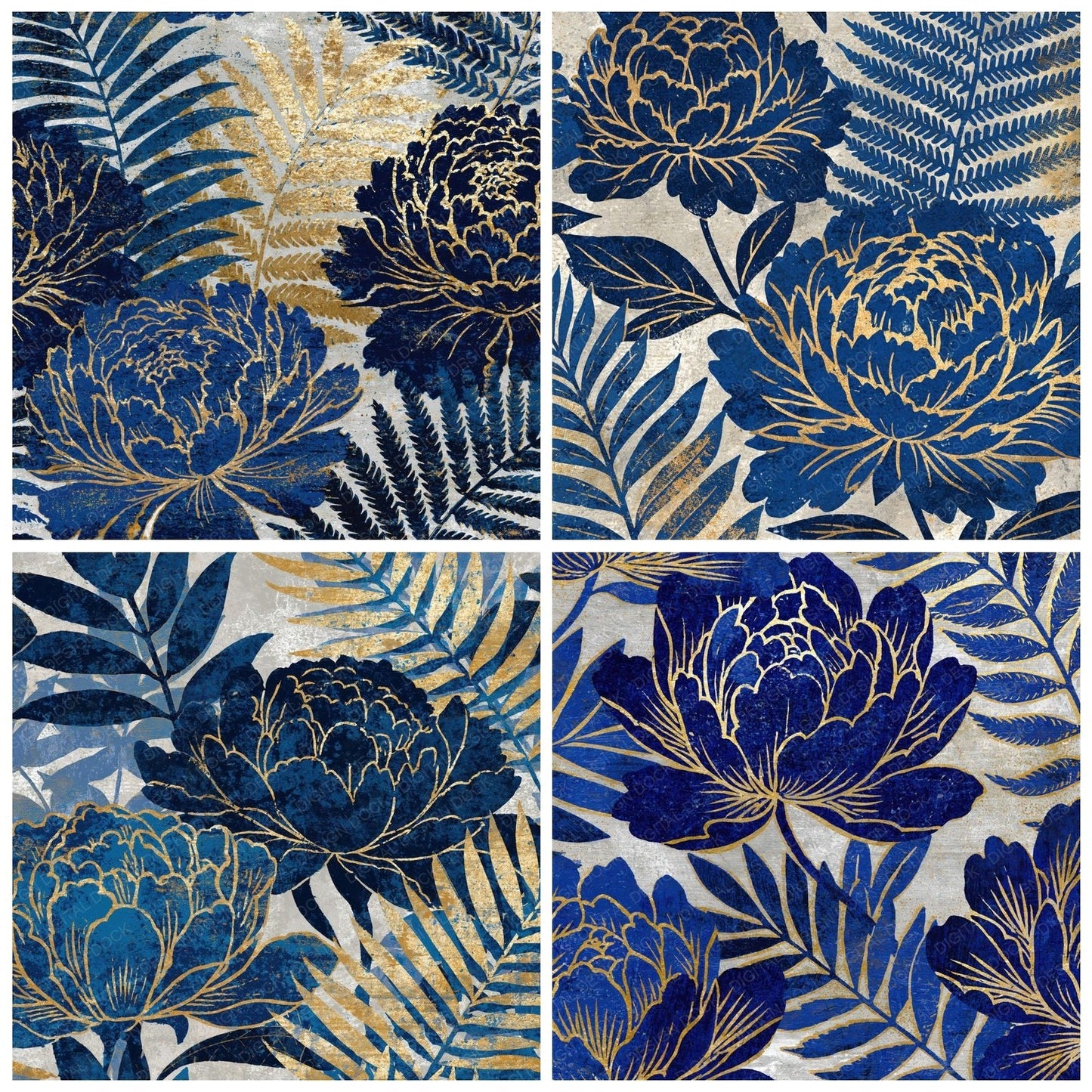 Woodblock Peony Fern Indigo Gold Digital Paper Pack (DDD012518)