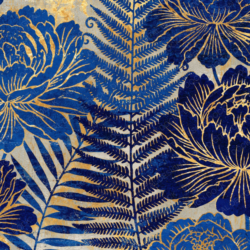Woodblock Peony Fern Indigo Gold Digital Paper Pack (DDD012518)