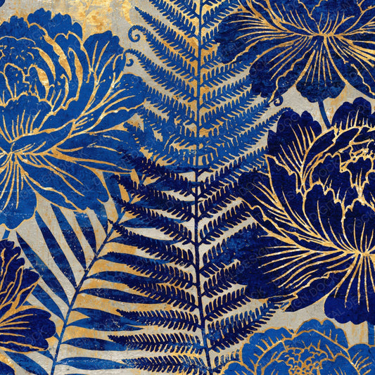 Woodblock Peony Fern Indigo Gold Digital Paper Pack (DDD012518)