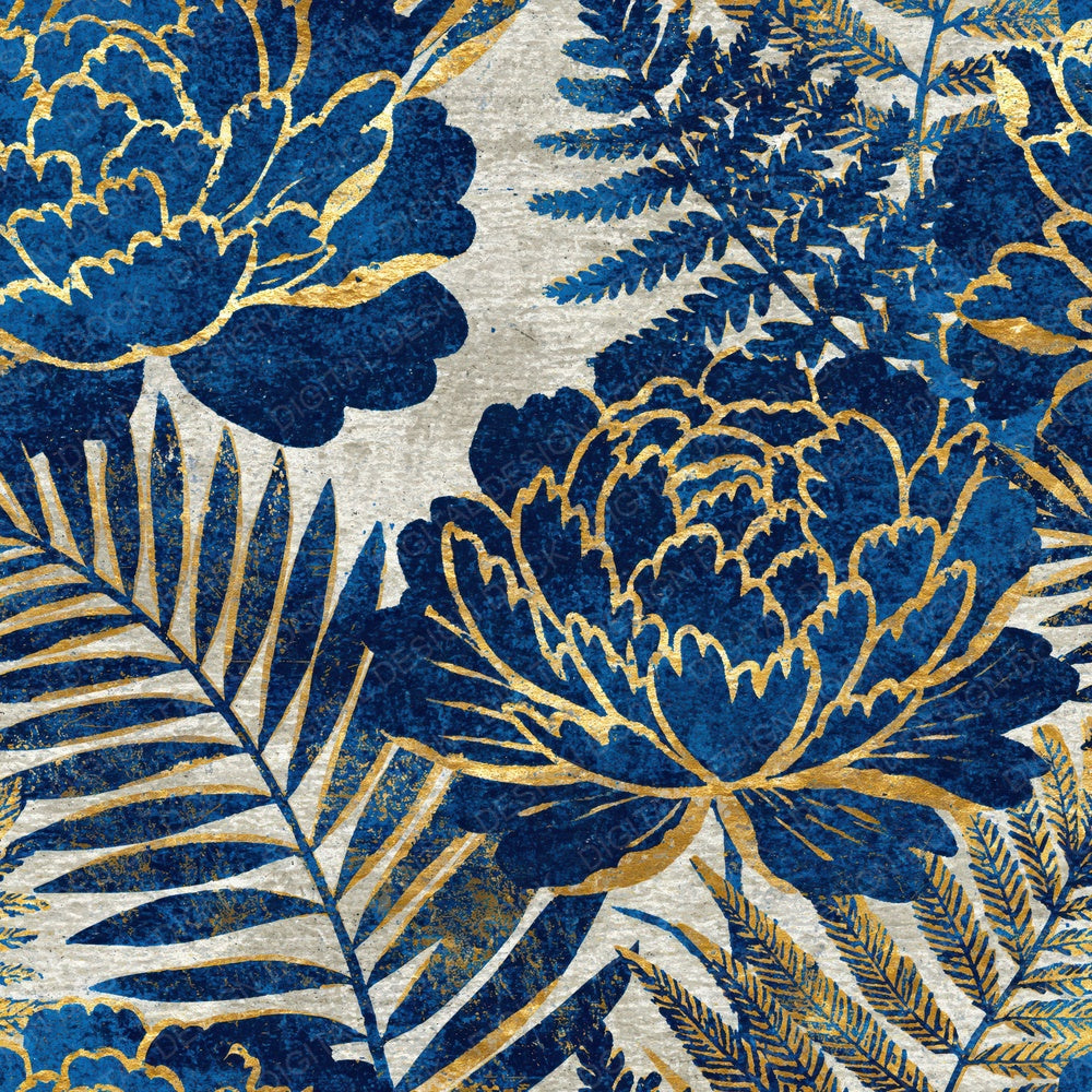 Woodblock Peony Fern Indigo Gold Digital Paper Pack (DDD012518)