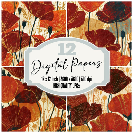 Woodblock Poppy Grasses Rust Gold Digital Paper Pack (DDD012519)