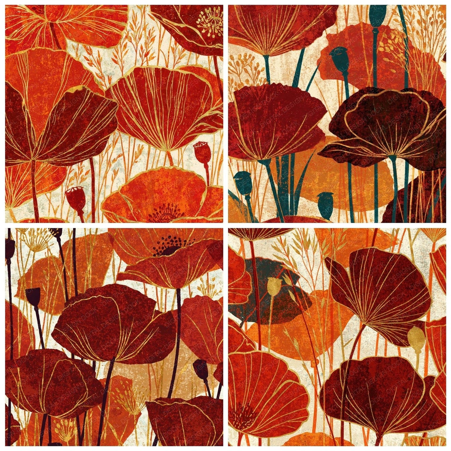 Woodblock Poppy Grasses Rust Gold Digital Paper Pack (DDD012519)