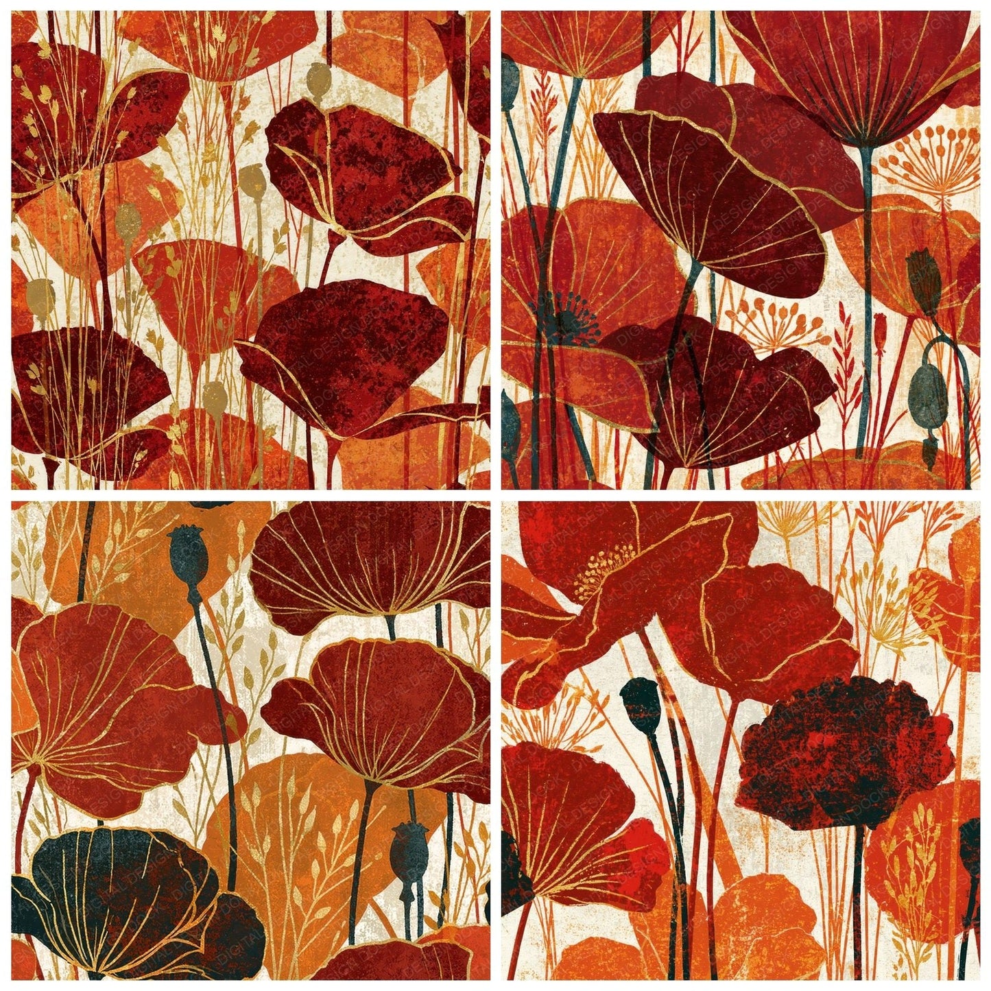 Woodblock Poppy Grasses Rust Gold Digital Paper Pack (DDD012519)