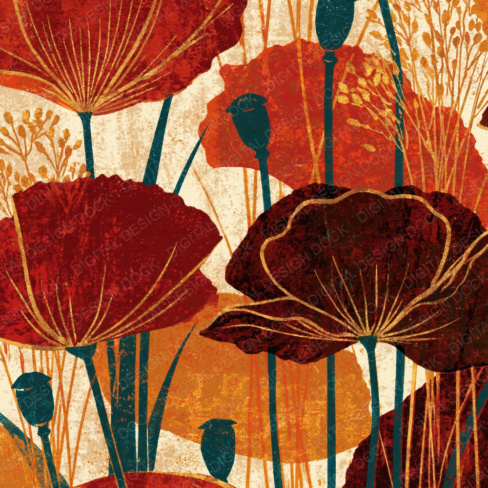 Woodblock Poppy Grasses Rust Gold Digital Paper Pack (DDD012519)