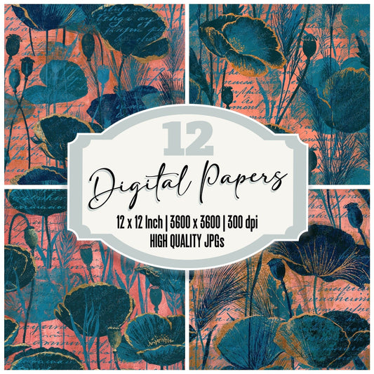 Woodblock Poppy Grasses Script Teal Gold Seamless Digital Paper Pack (DDD012520)