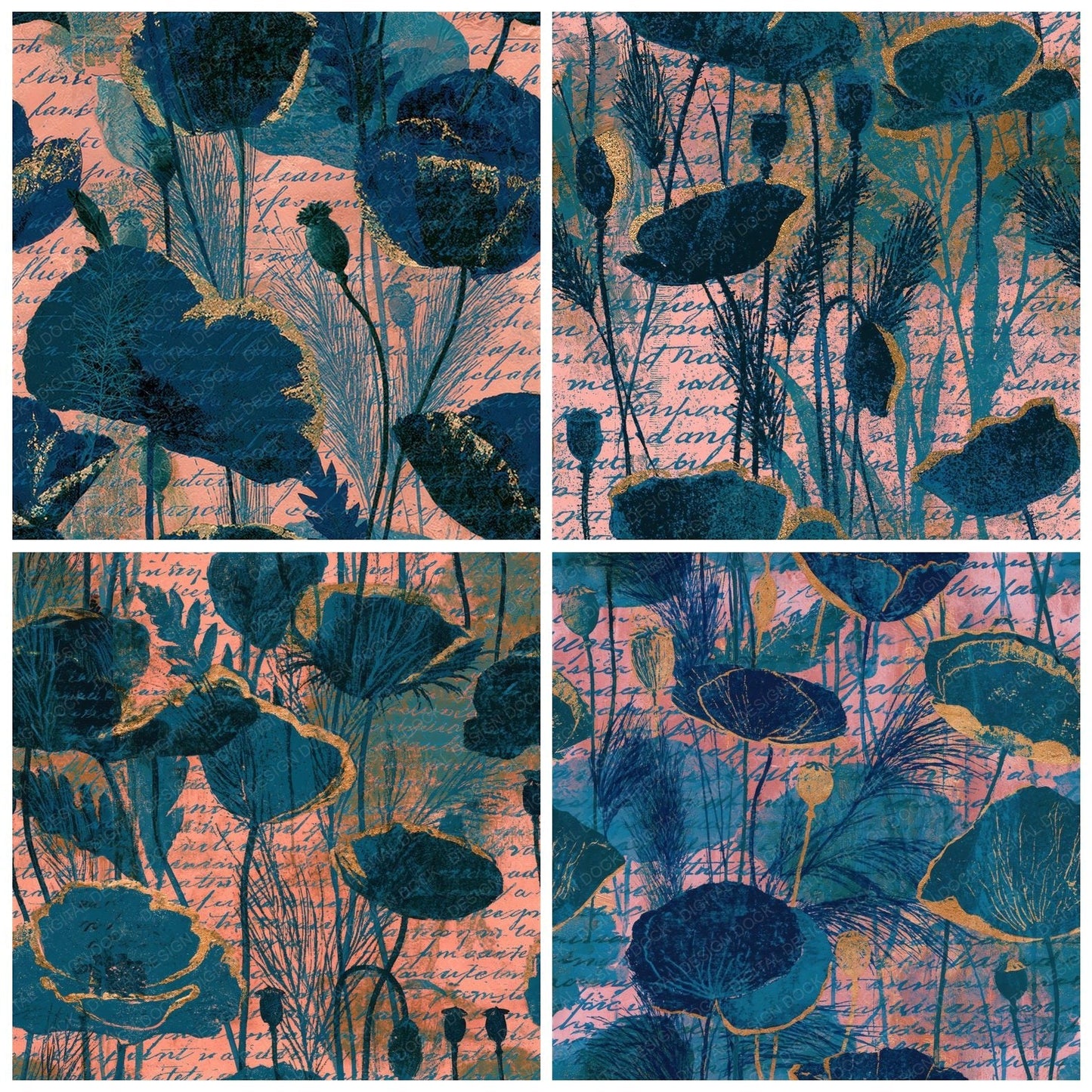 Woodblock Poppy Grasses Script Teal Gold Seamless Digital Paper Pack (DDD012520)