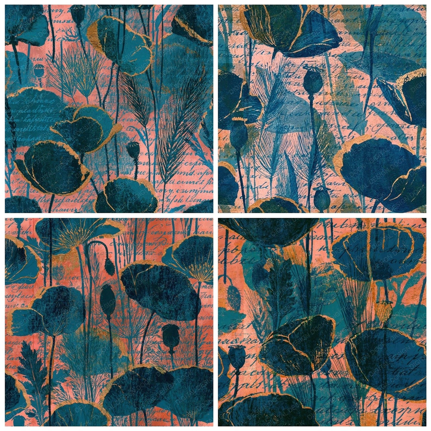 Woodblock Poppy Grasses Script Teal Gold Seamless Digital Paper Pack (DDD012520)