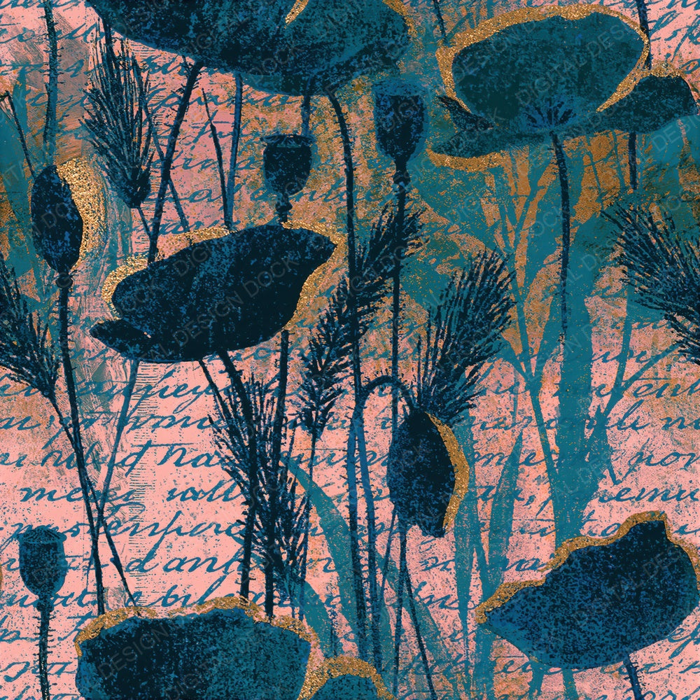 Woodblock Poppy Grasses Script Teal Gold Seamless Digital Paper Pack (DDD012520)