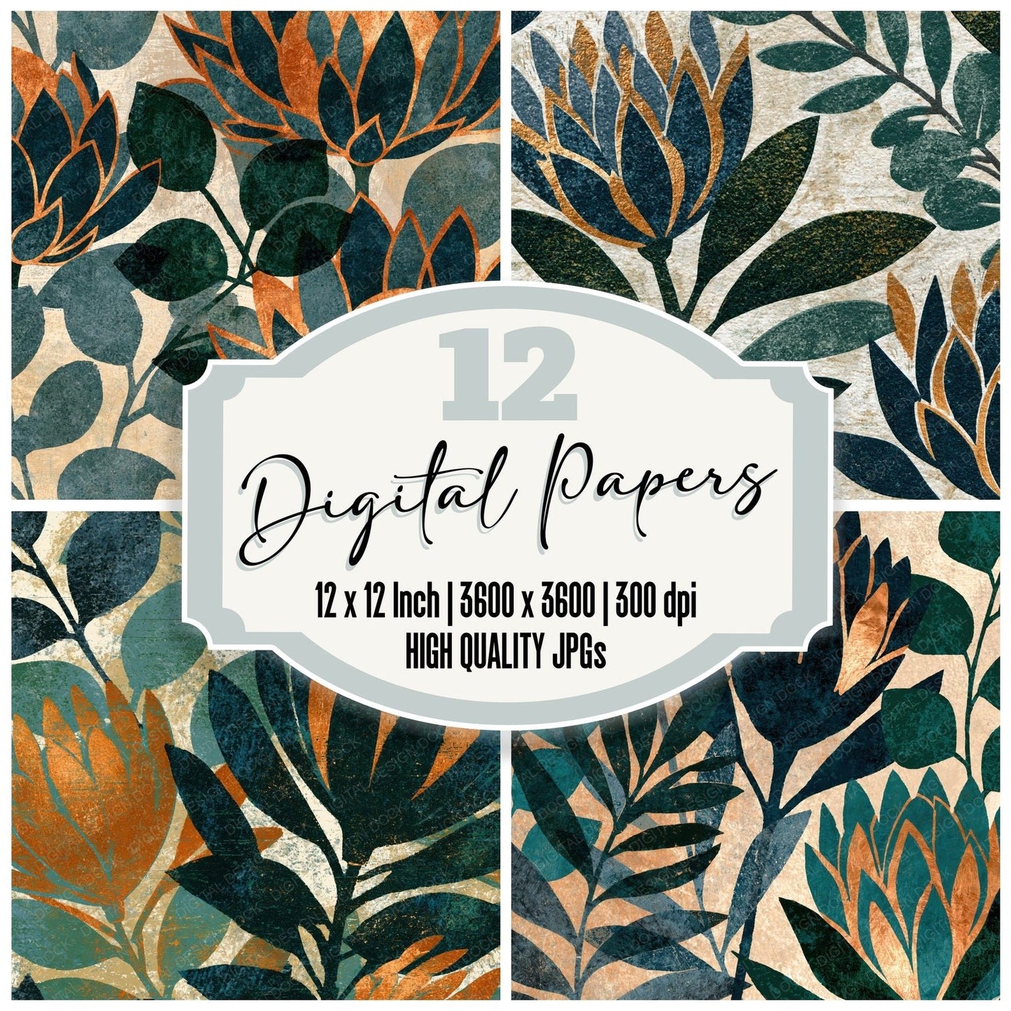 Woodblock Protea Eucalyptus Charcoal Copper Digital Paper Pack (DDD012521)