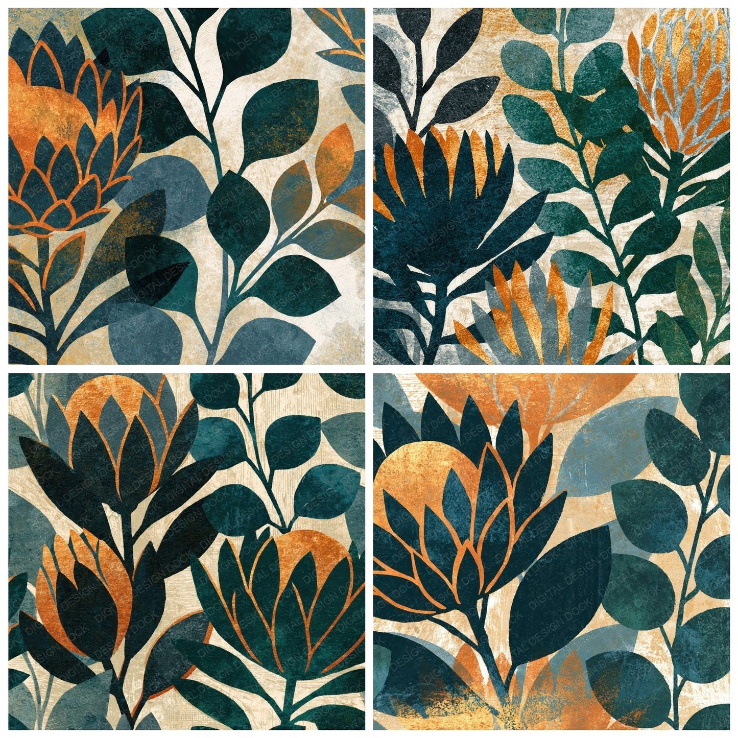 Woodblock Protea Eucalyptus Charcoal Copper Digital Paper Pack (DDD012521)