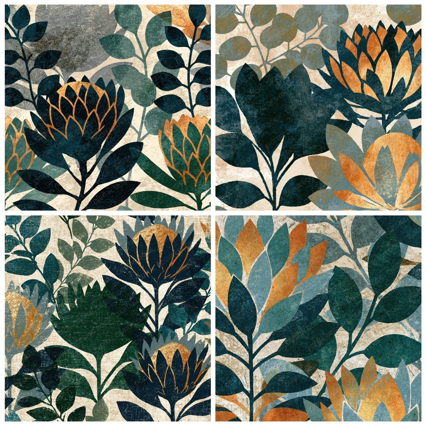 Woodblock Protea Eucalyptus Charcoal Copper Digital Paper Pack (DDD012521)