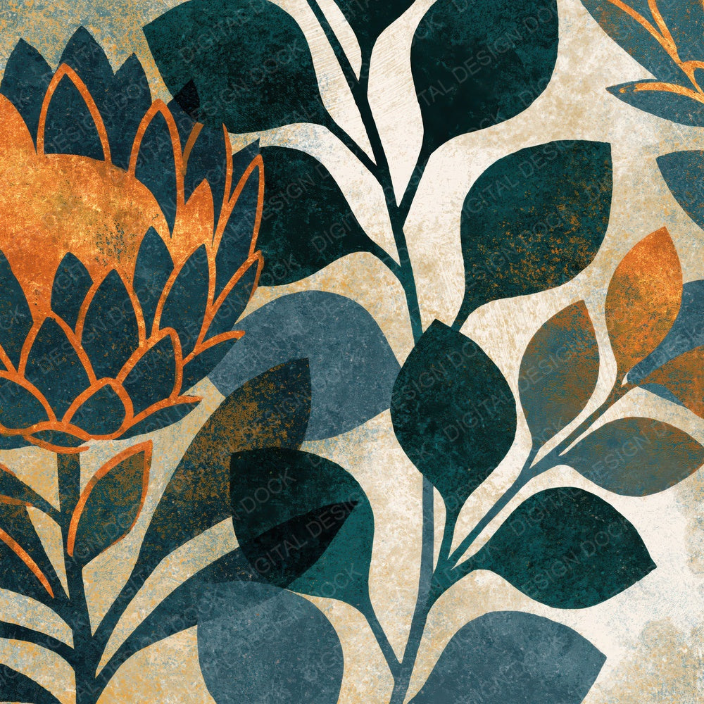 Woodblock Protea Eucalyptus Charcoal Copper Digital Paper Pack (DDD012521)