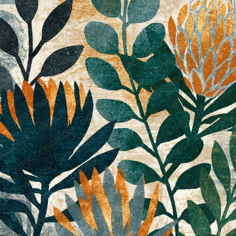 Woodblock Protea Eucalyptus Charcoal Copper Digital Paper Pack (DDD012521)