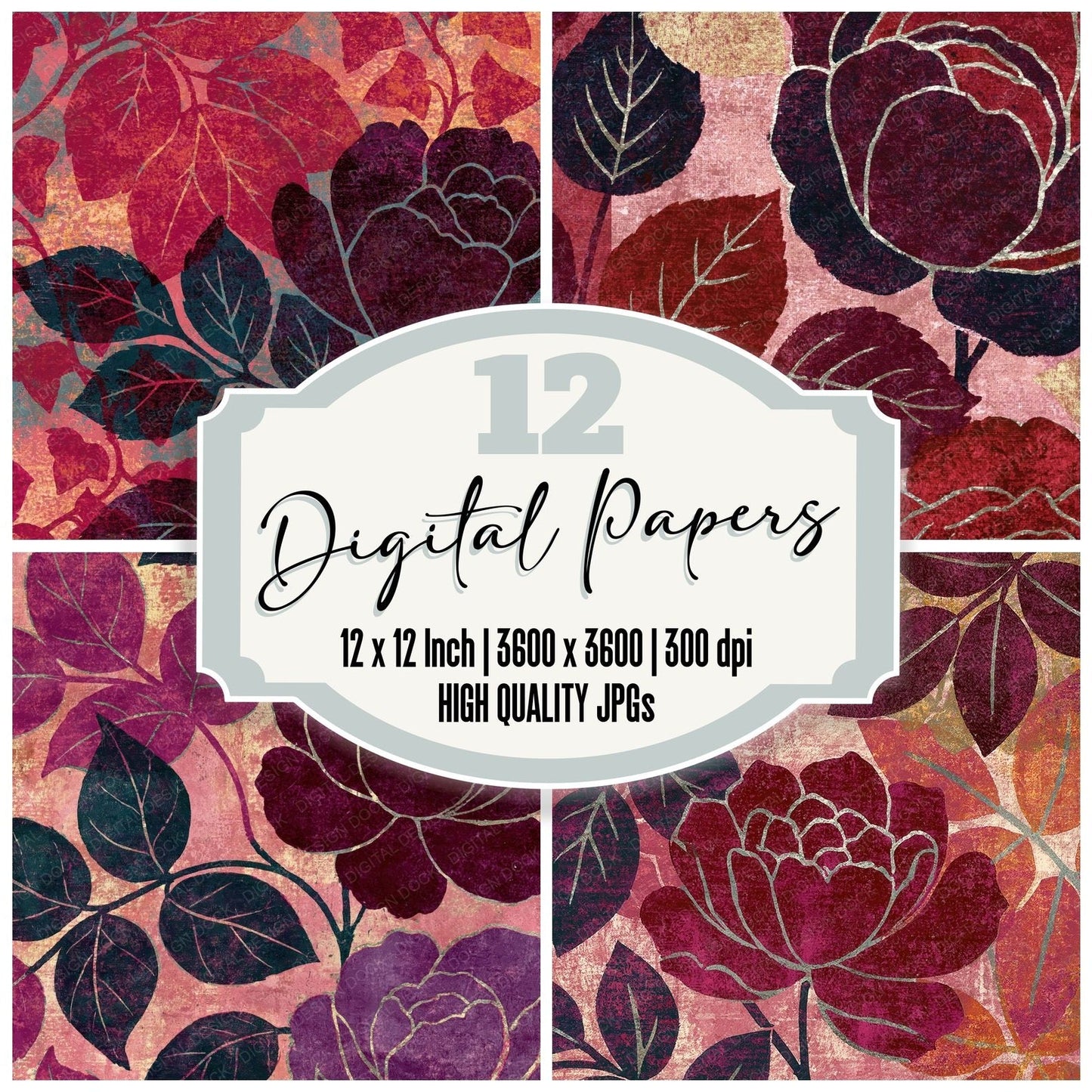 Woodblock Rose Ivy Plum Silver Digital Paper Pack (DDD012522)