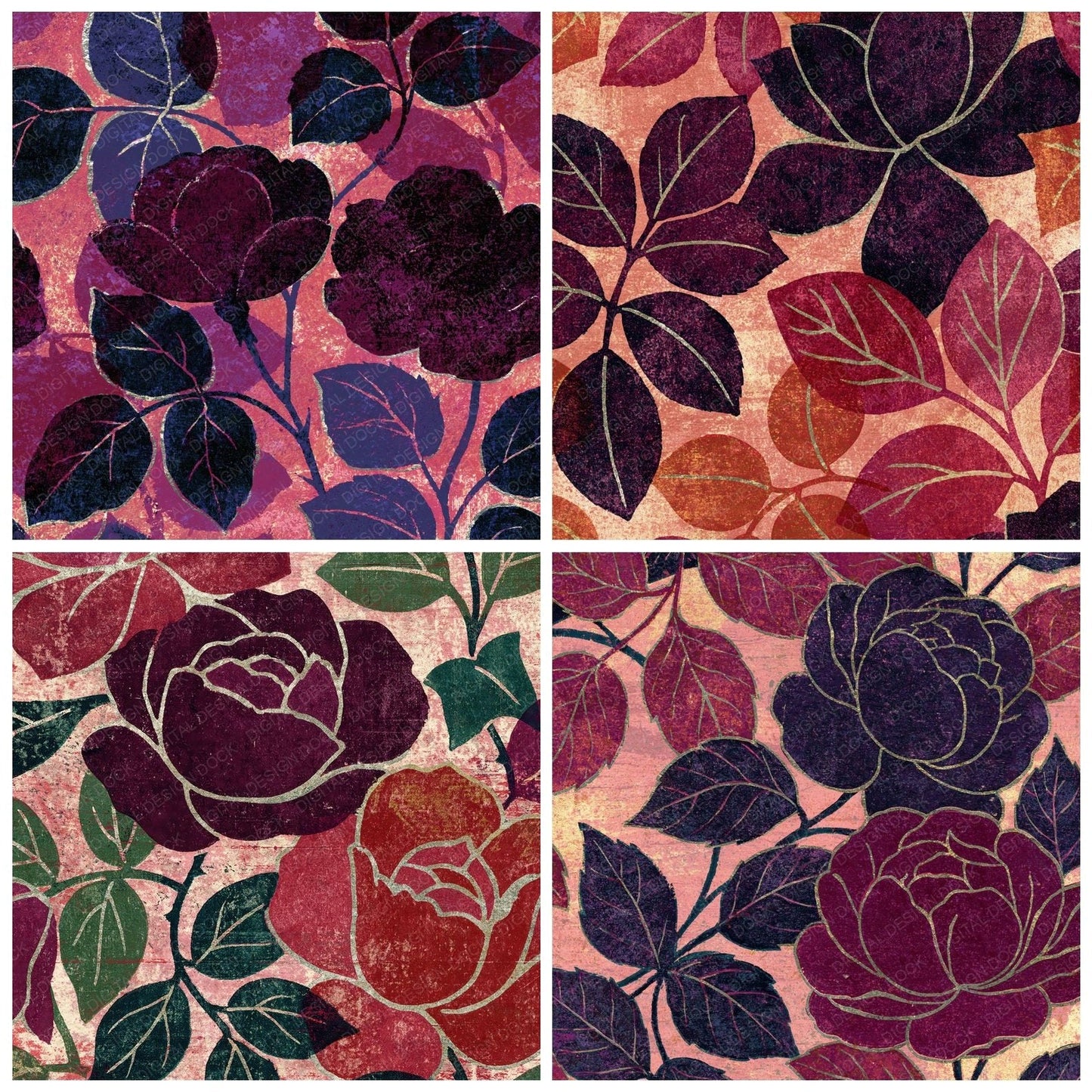 Woodblock Rose Ivy Plum Silver Digital Paper Pack (DDD012522)