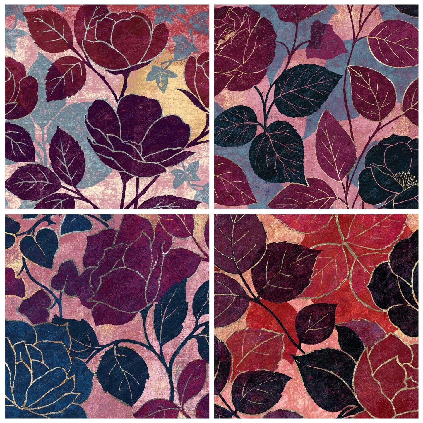 Woodblock Rose Ivy Plum Silver Digital Paper Pack (DDD012522)