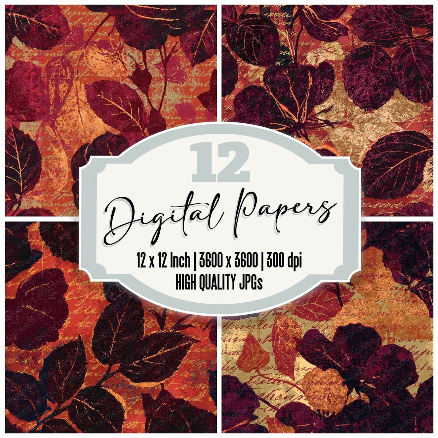 Woodblock Rose Ivy Script Burgundy Copper Seamless Digital Paper Pack (DDD012523)
