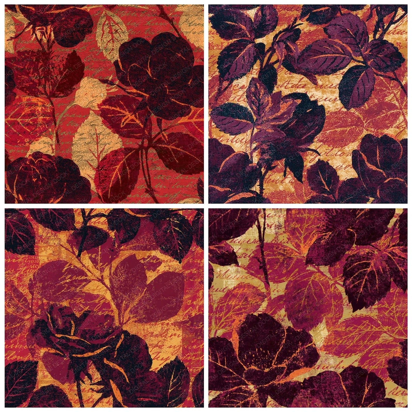Woodblock Rose Ivy Script Burgundy Copper Seamless Digital Paper Pack (DDD012523)