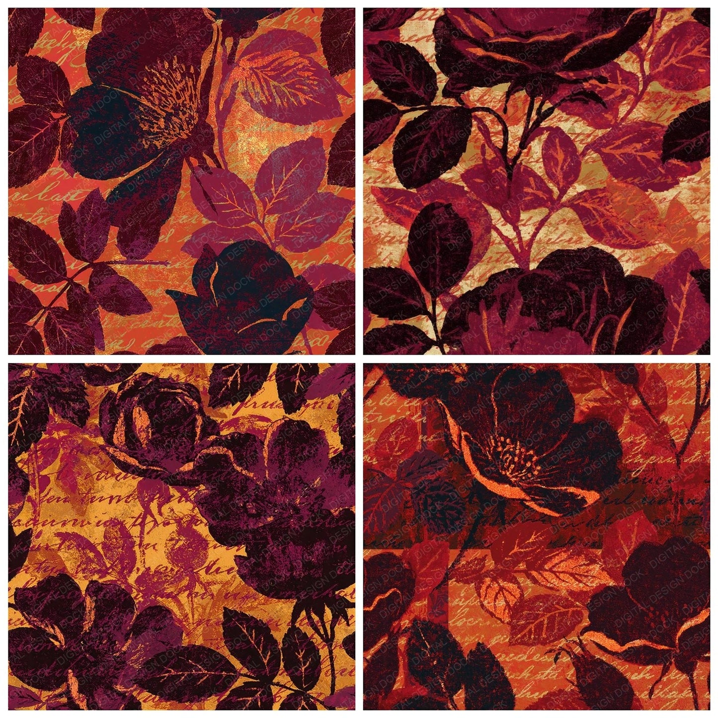 Woodblock Rose Ivy Script Burgundy Copper Seamless Digital Paper Pack (DDD012523)