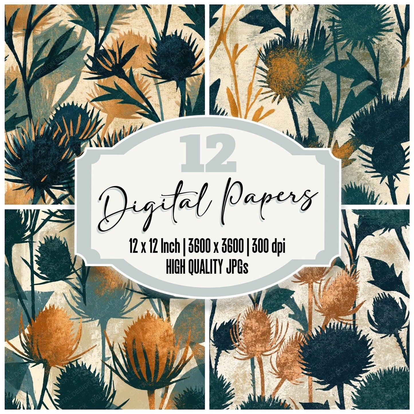 Woodblock Thistle Meadow Charcoal Copper Seamless Digital Paper Pack (DDD012524)