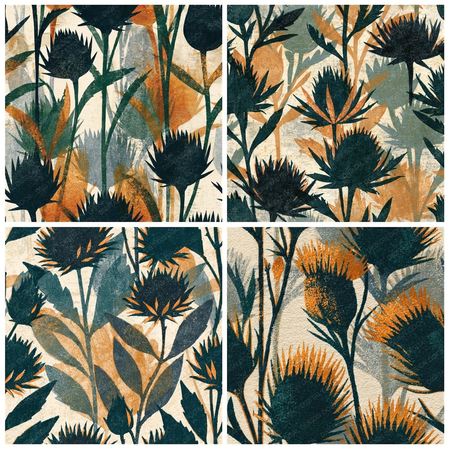 Woodblock Thistle Meadow Charcoal Copper Seamless Digital Paper Pack (DDD012524)