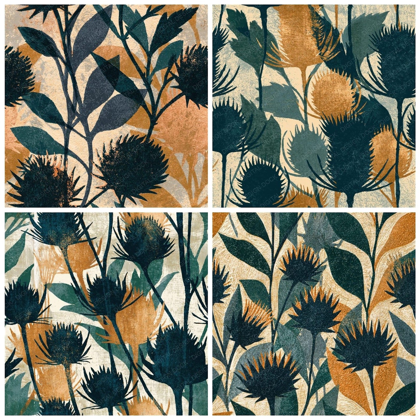 Woodblock Thistle Meadow Charcoal Copper Seamless Digital Paper Pack (DDD012524)