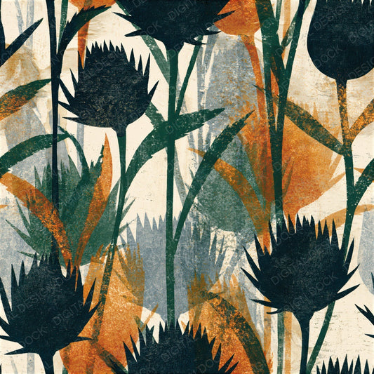 Woodblock Thistle Meadow Charcoal Copper Seamless Digital Paper Pack (DDD012524)