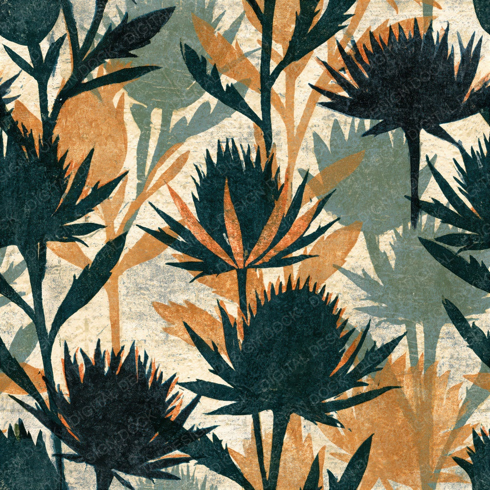 Woodblock Thistle Meadow Charcoal Copper Seamless Digital Paper Pack (DDD012524)