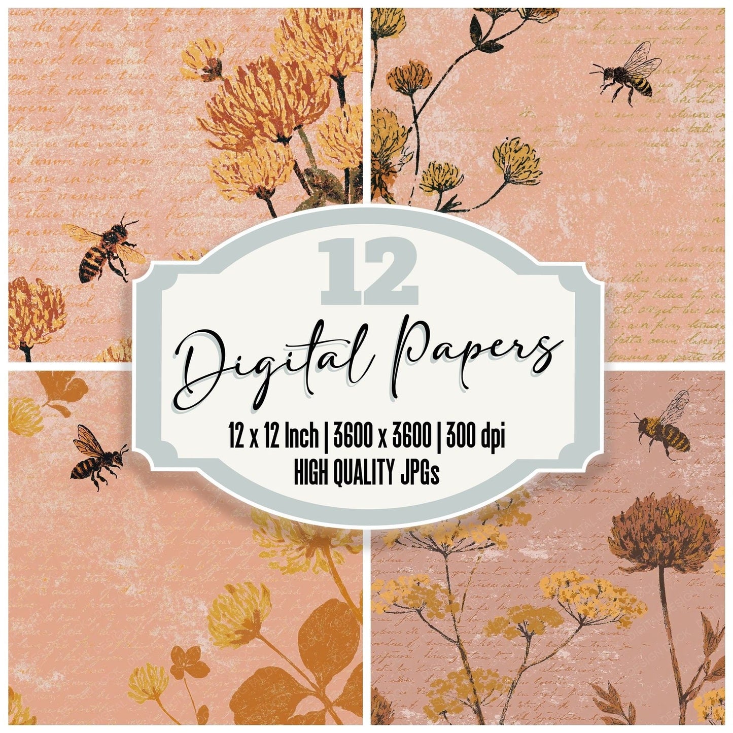 Woodblock Bee Clover Honey Rose Digital Paper Pack (DDD012525)