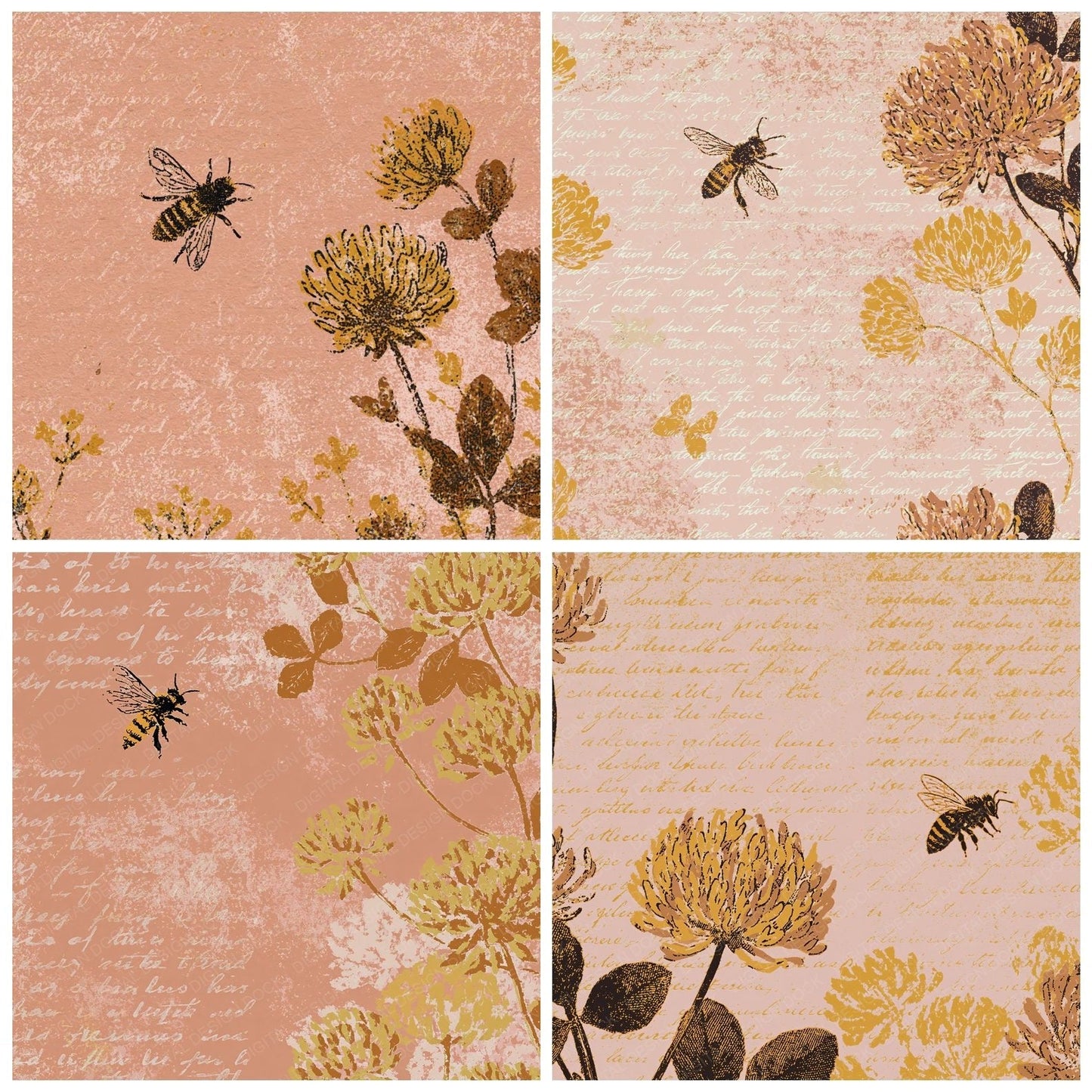Woodblock Bee Clover Honey Rose Digital Paper Pack (DDD012525)