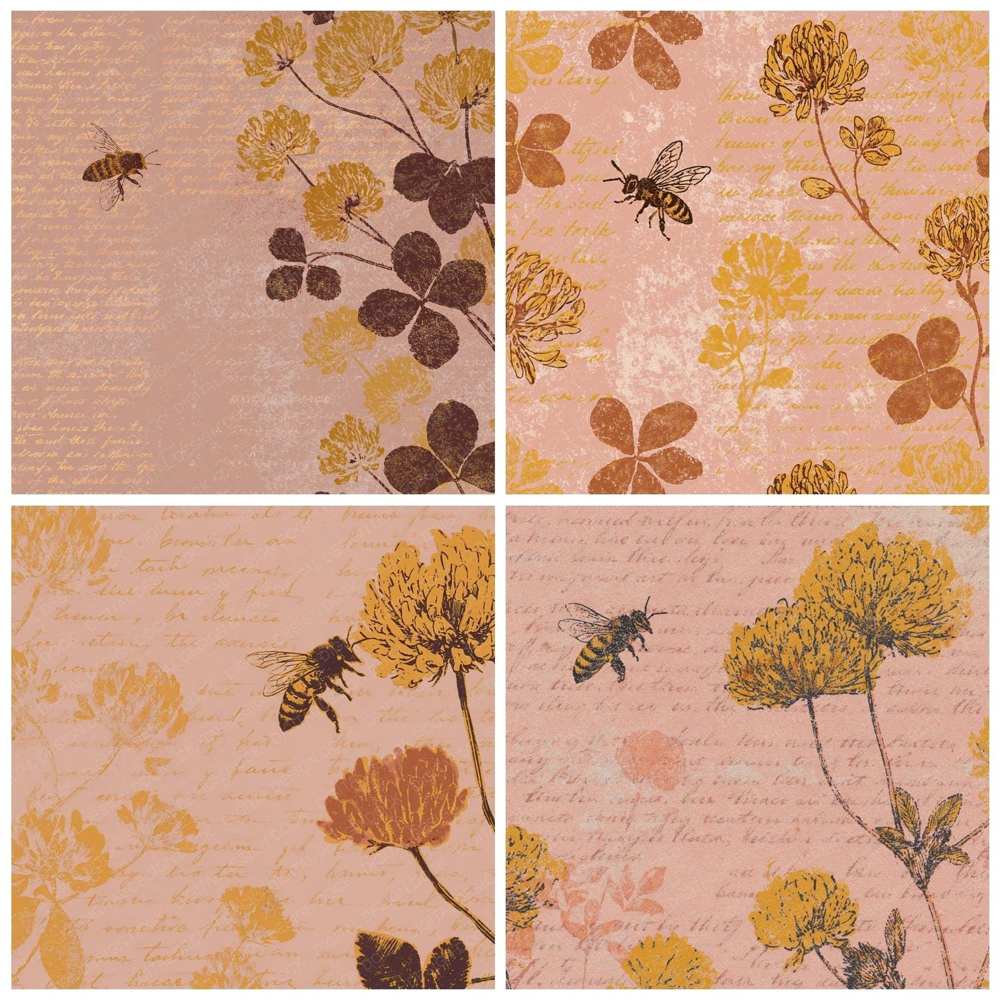 Woodblock Bee Clover Honey Rose Digital Paper Pack (DDD012525)