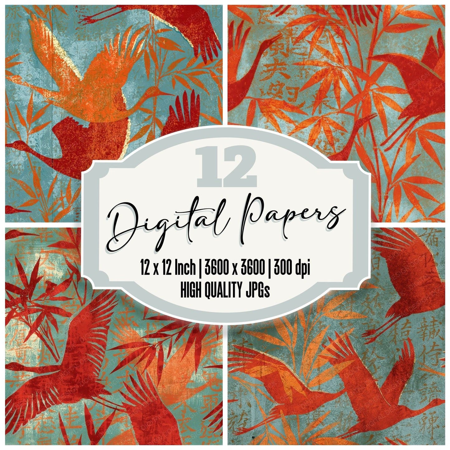 Woodblock Crane Bamboo Coral Mint Seamless Digital Paper Pack (DDD012526)