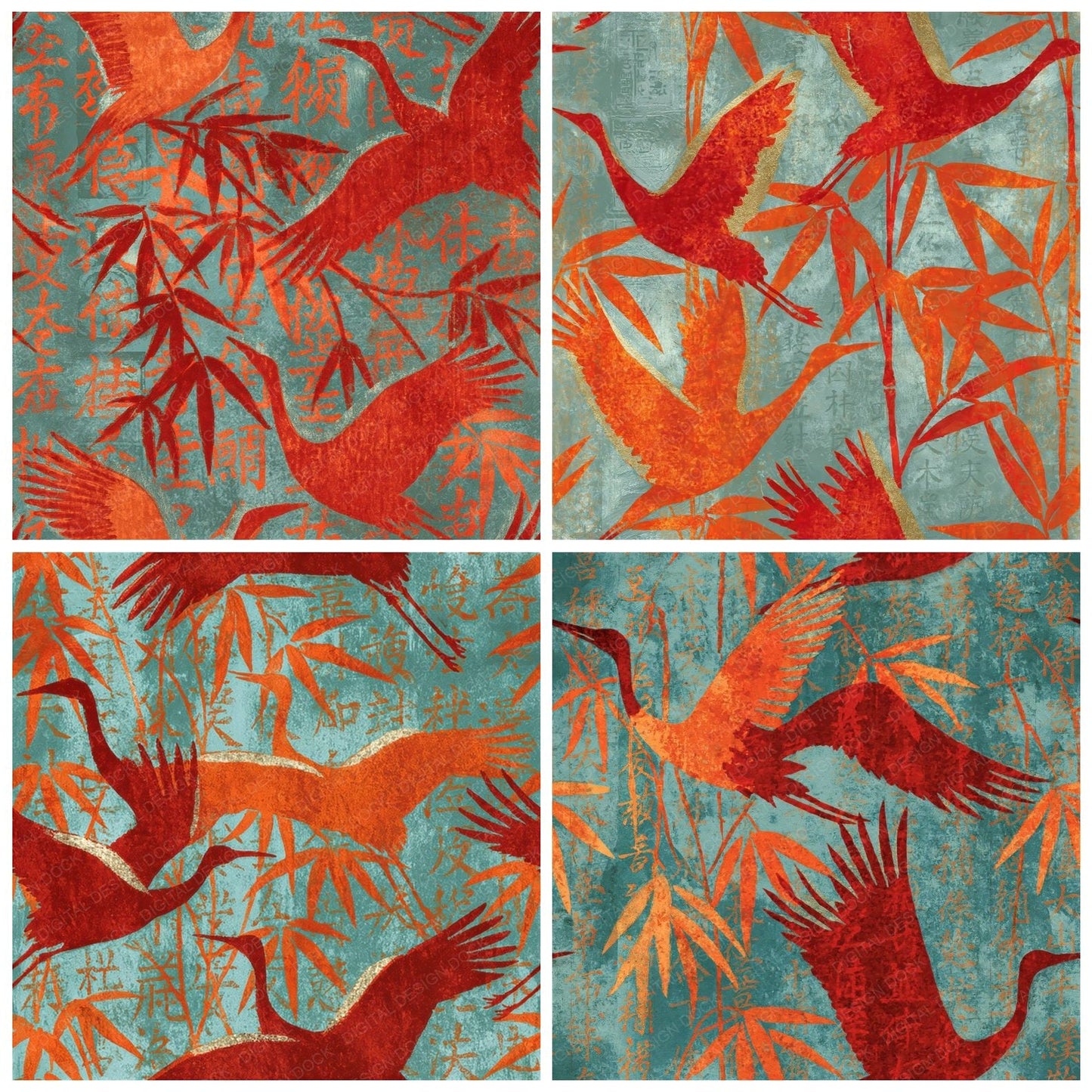 Woodblock Crane Bamboo Coral Mint Seamless Digital Paper Pack (DDD012526)