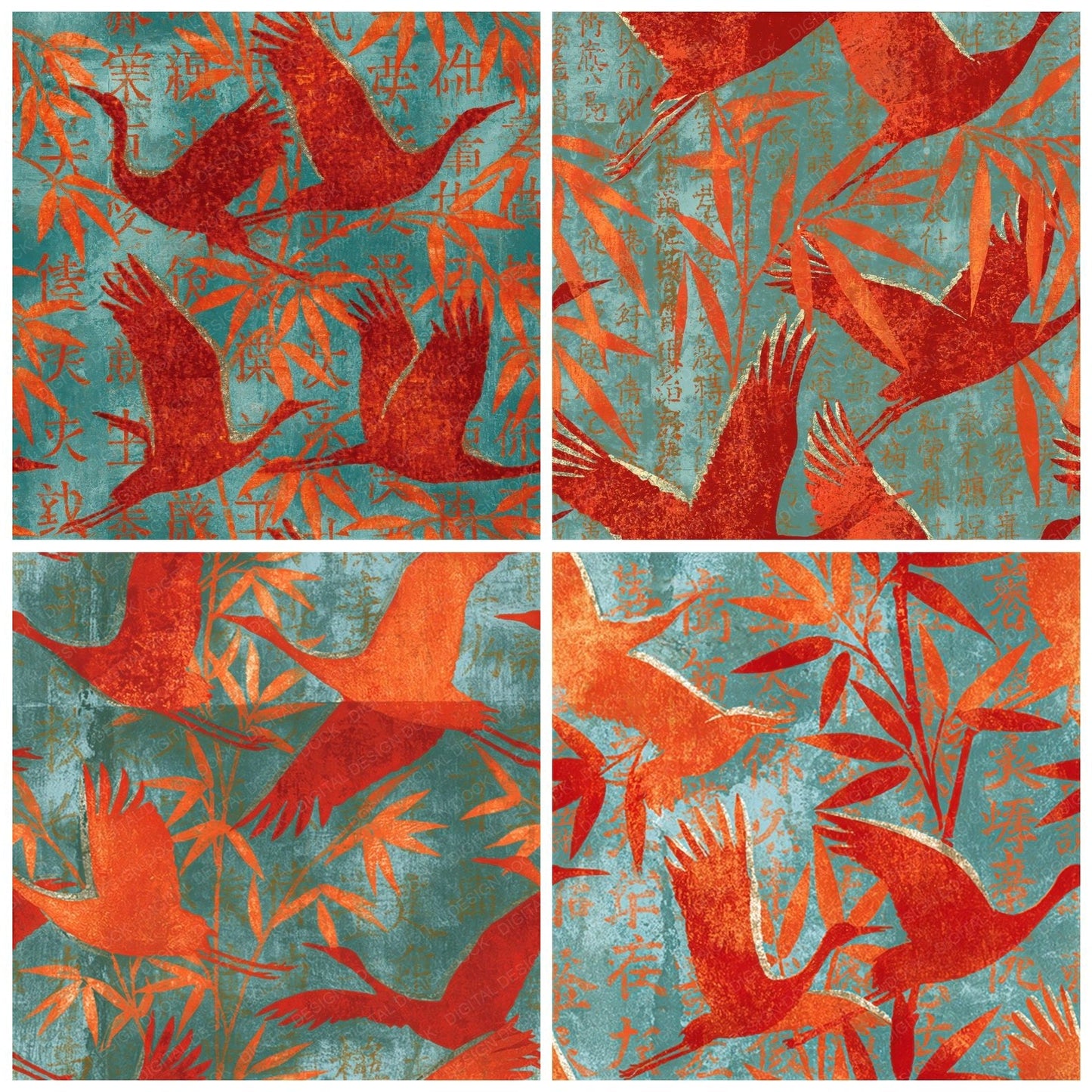 Woodblock Crane Bamboo Coral Mint Seamless Digital Paper Pack (DDD012526)