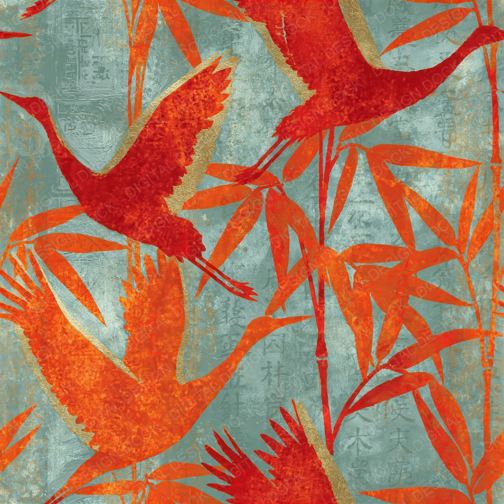 Woodblock Crane Bamboo Coral Mint Seamless Digital Paper Pack (DDD012526)