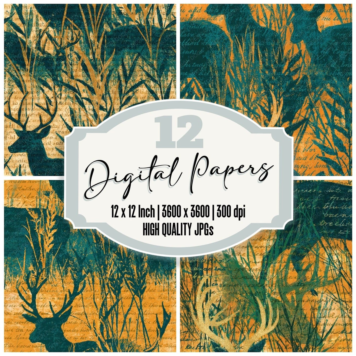 Woodblock Deer Meadow Emerald Apricot Seamless Digital Paper Pack (DDD012527)