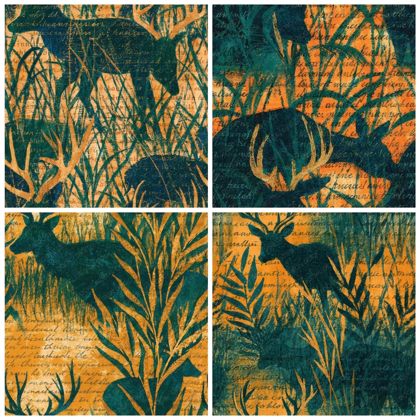 Woodblock Deer Meadow Emerald Apricot Seamless Digital Paper Pack (DDD012527)