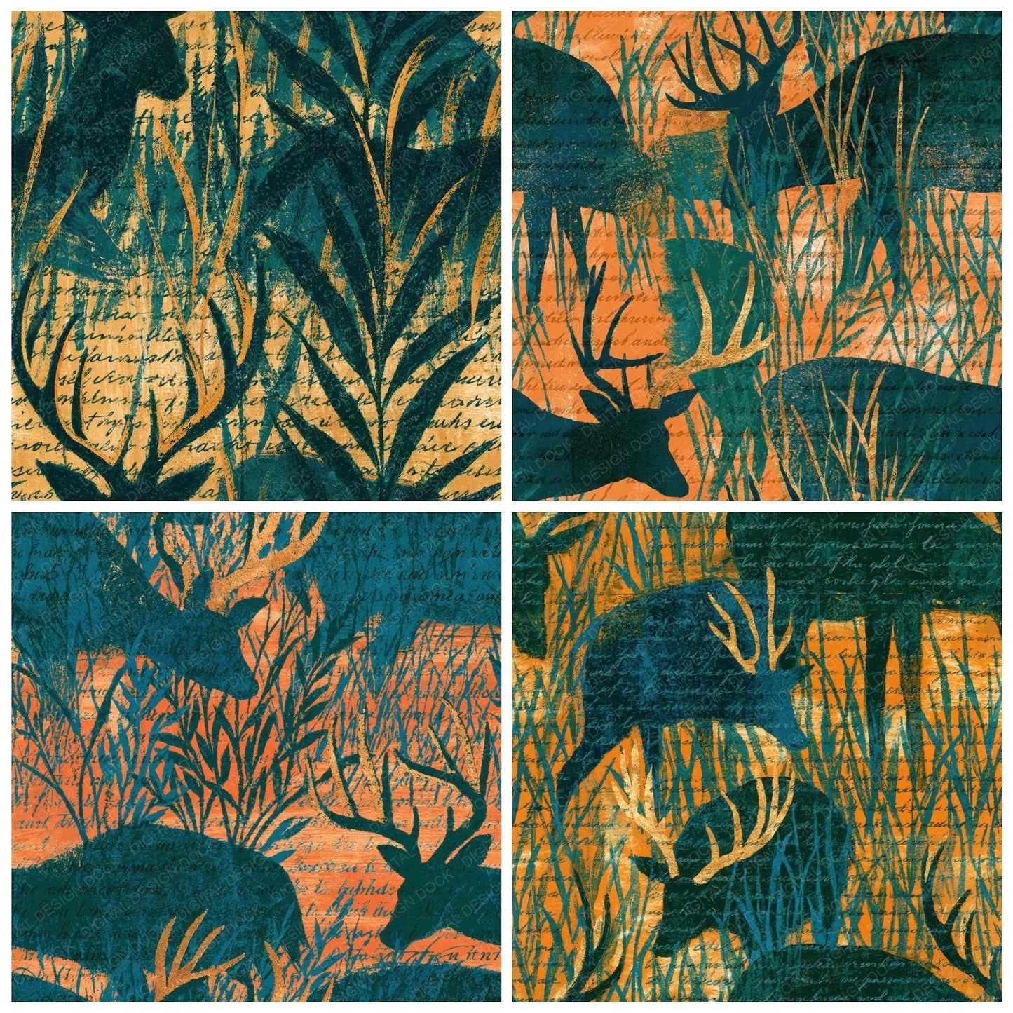 Woodblock Deer Meadow Emerald Apricot Seamless Digital Paper Pack (DDD012527)