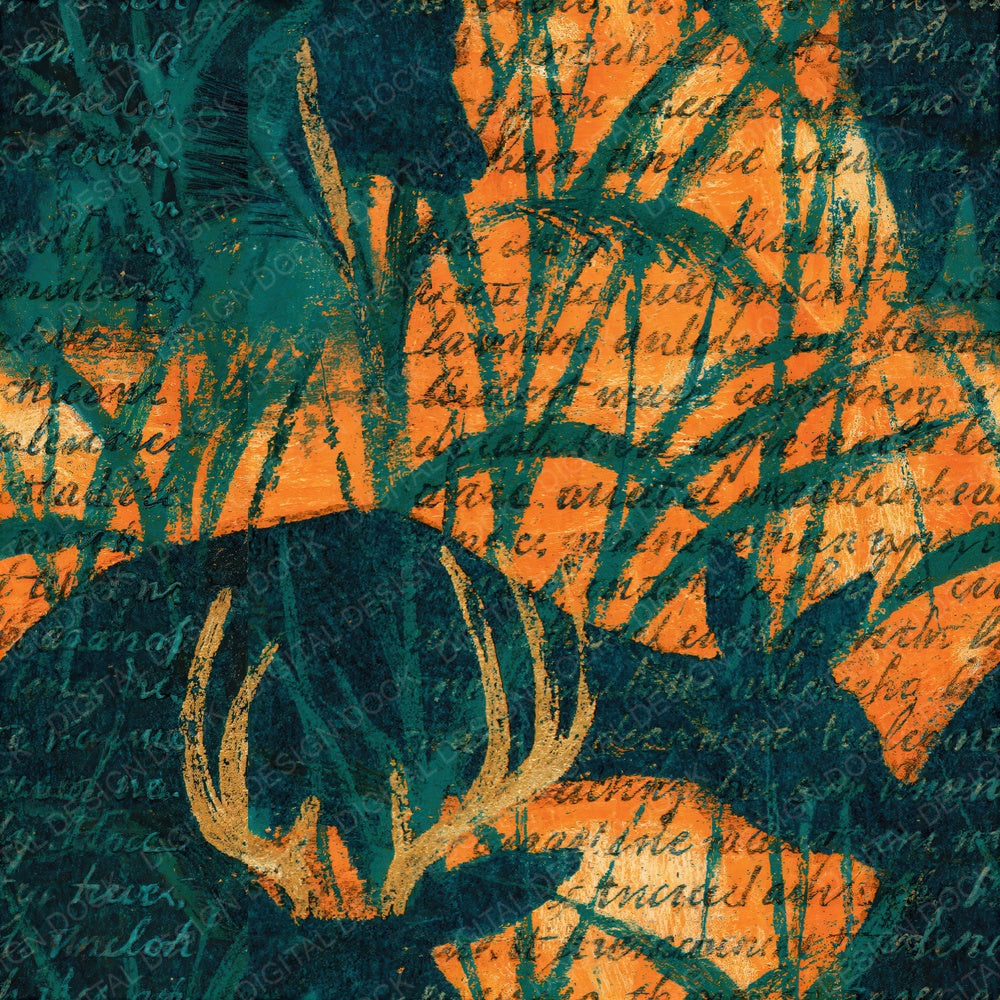 Woodblock Deer Meadow Emerald Apricot Seamless Digital Paper Pack (DDD012527)