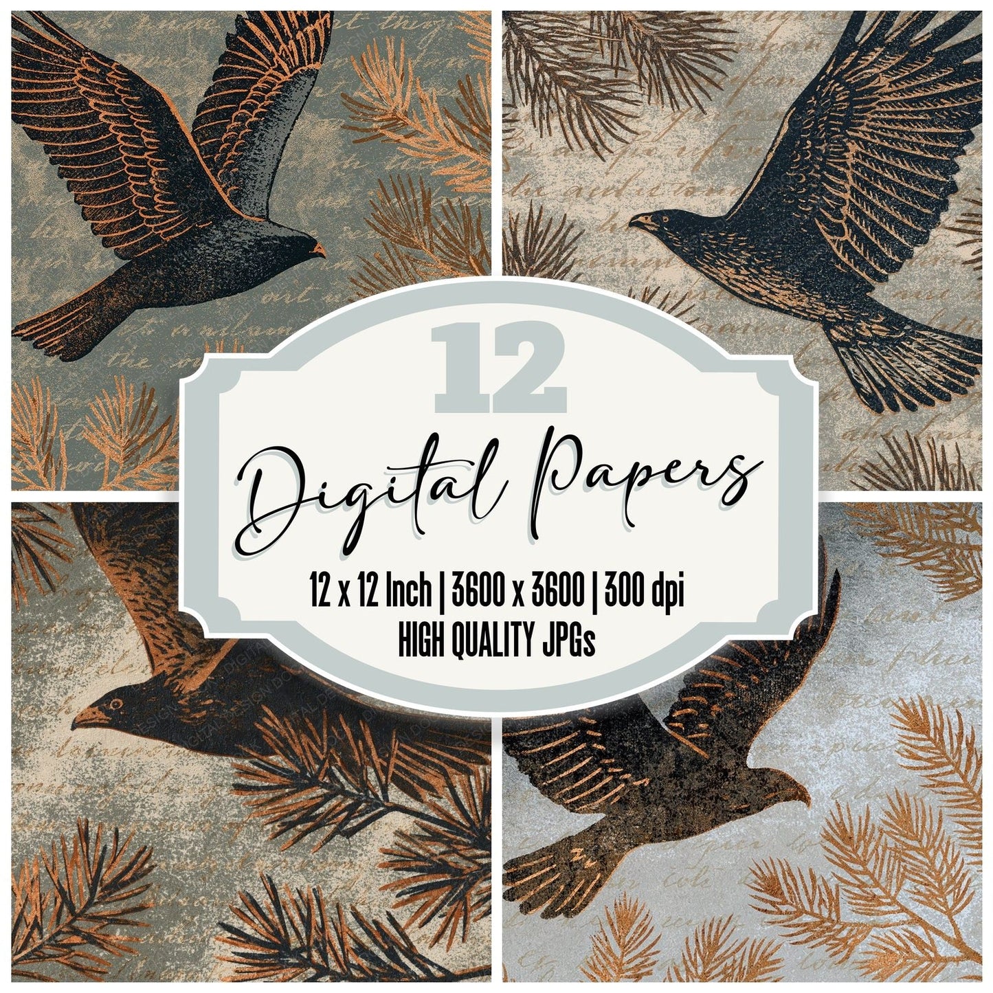 Woodblock Eagle Pine Bronze Stormcloud Digital Paper Pack (DDD012528)