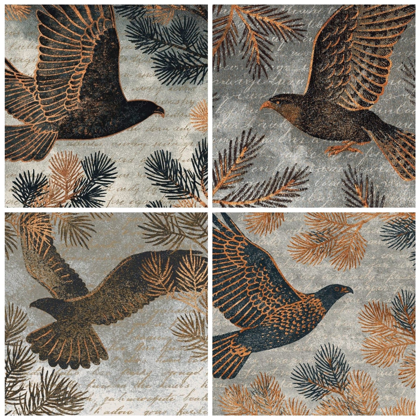 Woodblock Eagle Pine Bronze Stormcloud Digital Paper Pack (DDD012528)