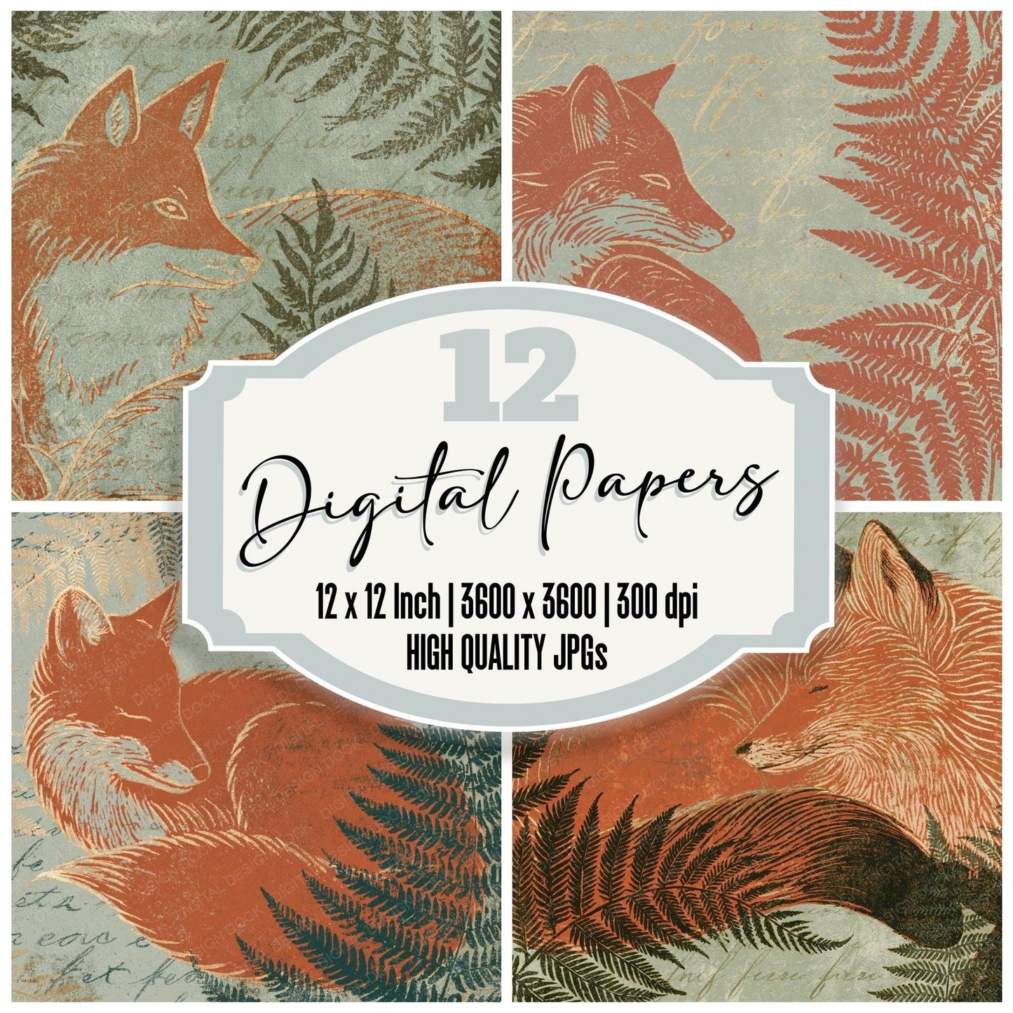 Woodblock Fox Fern Terracotta Sage Digital Paper Pack (DDD012529)