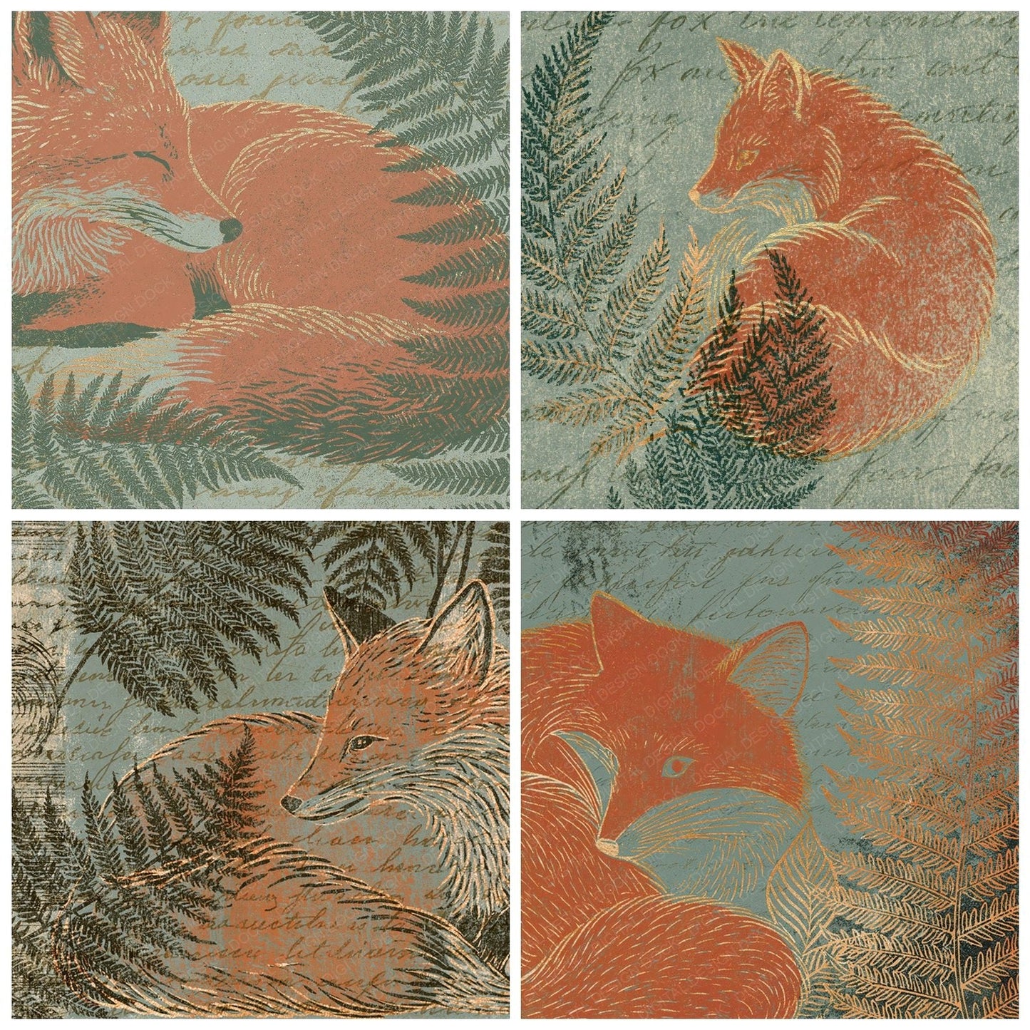 Woodblock Fox Fern Terracotta Sage Digital Paper Pack (DDD012529)