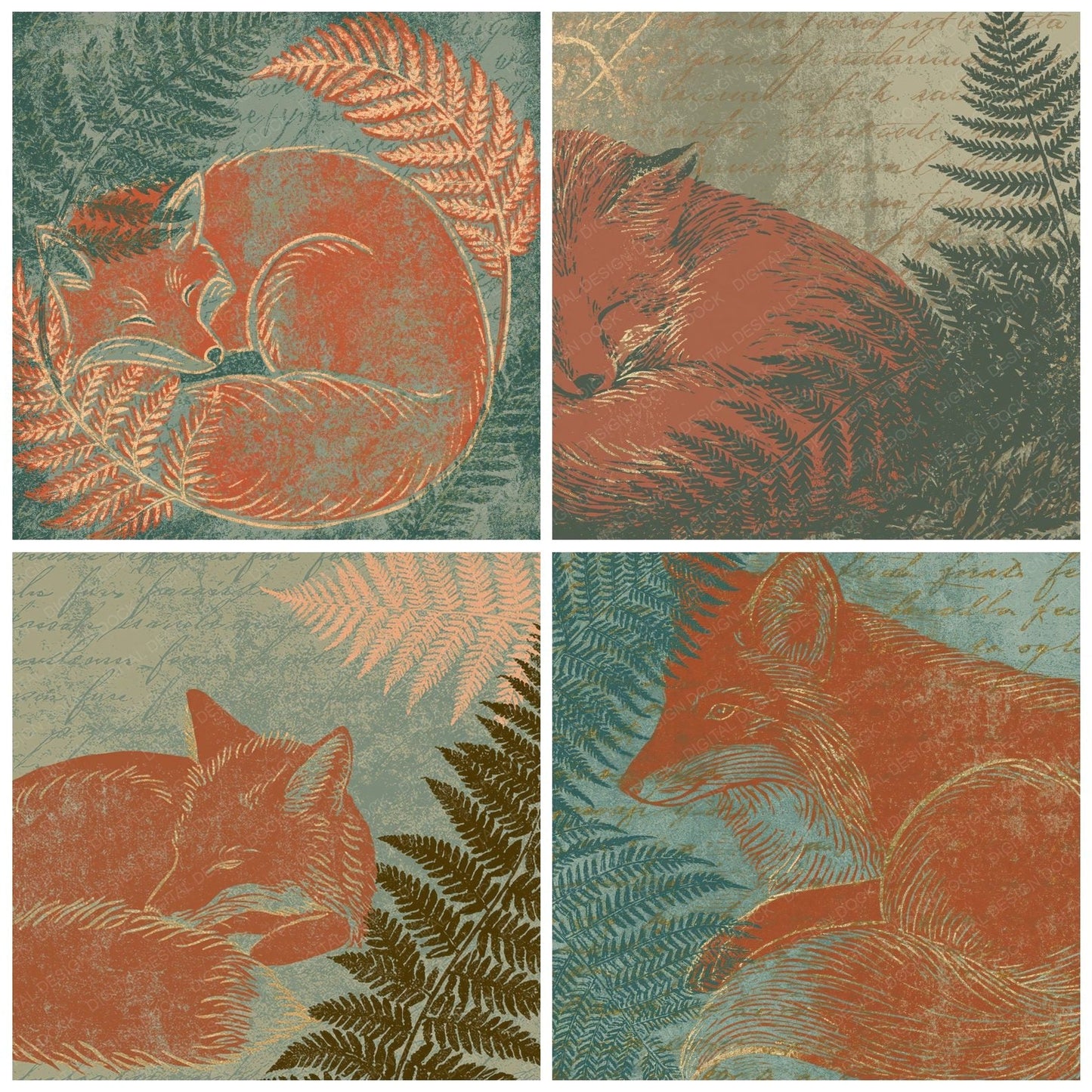 Woodblock Fox Fern Terracotta Sage Digital Paper Pack (DDD012529)