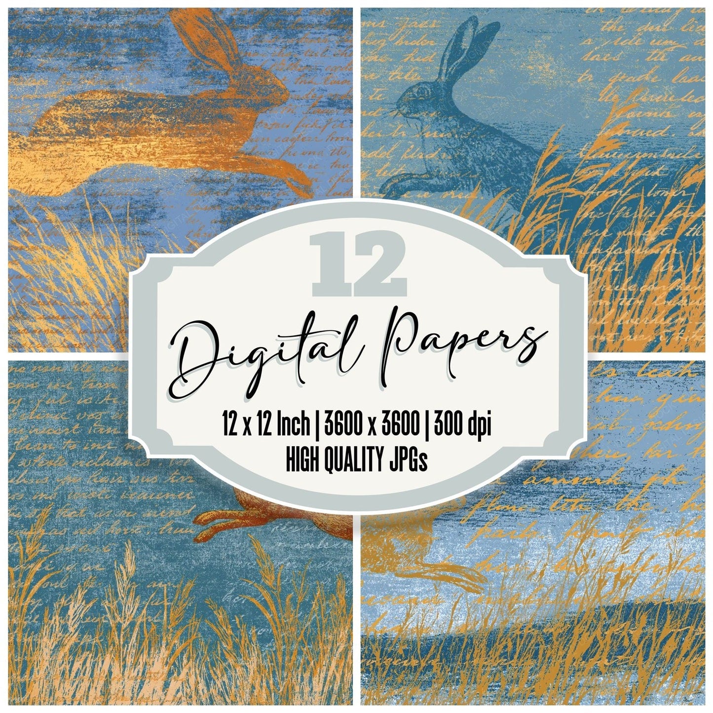 Woodblock Hare Grasses Saffron Periwinkle Digital Paper Pack (DDD012530)