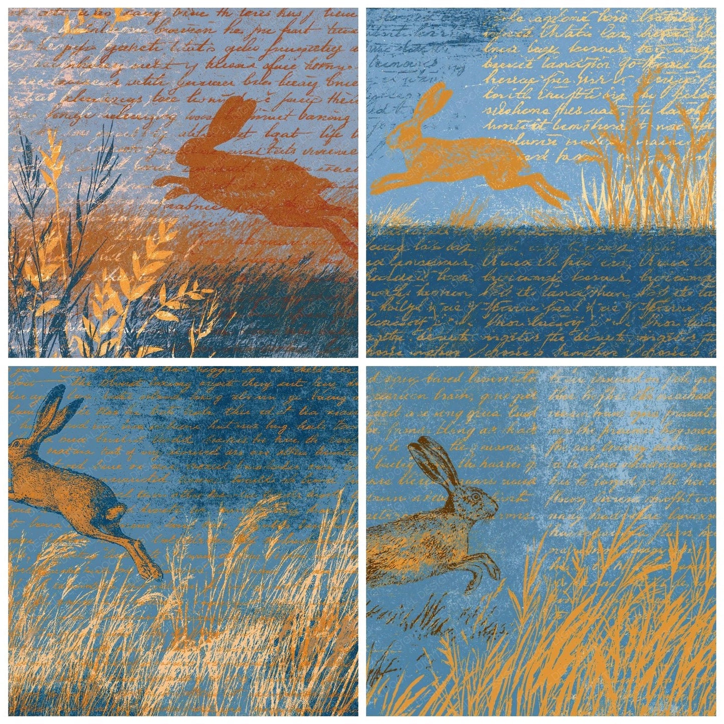 Woodblock Hare Grasses Saffron Periwinkle Digital Paper Pack (DDD012530)