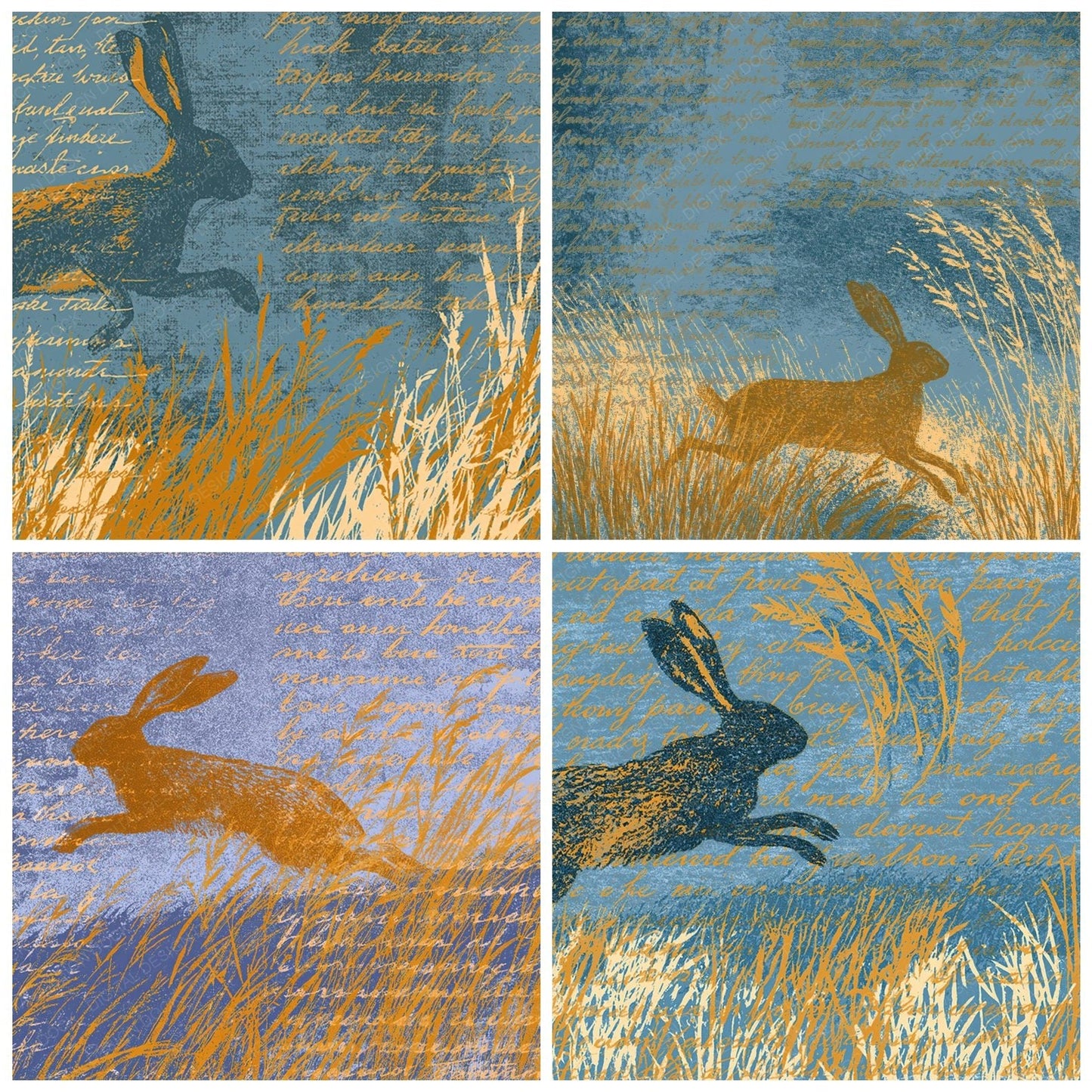 Woodblock Hare Grasses Saffron Periwinkle Digital Paper Pack (DDD012530)